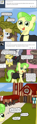 Size: 494x1631 | Tagged: safe, artist:ficficponyfic, chickadee, ms. peachbottom, oc, oc:golden brisk, oc:silver breeze, cyoa:peachbottom's quest, g4, alternate hairstyle, billboard, chapel, cyoa, goldeeze, tumblr