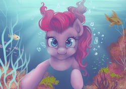 Size: 3508x2480 | Tagged: safe, artist:katyand, pinkie pie, fish, g4, bubble, coral, female, high res, solo, underwater