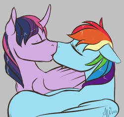 Size: 1280x1210 | Tagged: safe, artist:fairdahlia, rainbow dash, twilight sparkle, alicorn, pegasus, pony, g4, duo, eyes closed, female, kiss on the lips, kissing, lesbian, mare, ship:twidash, shipping, twilight sparkle (alicorn)