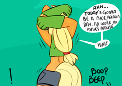 Size: 1280x907 | Tagged: safe, artist:somescrub, applejack, earth pony, anthro, ask nudist sweetie belle, g4, arm behind head, clothes, dialogue, explicit source, female, midriff, odd equestria, solo, speech bubble, tumblr