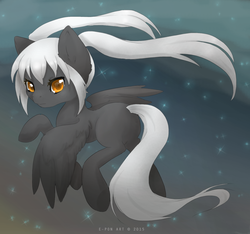 Size: 1571x1473 | Tagged: safe, artist:e-pon, oc, oc only, oc:rarefaction, pegasus, pony, fluffy, flying, frown, glare, looking at you, looking back, pigtails, solo, spread wings, twintails, underhoof