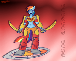 Size: 5000x4000 | Tagged: safe, artist:scobionicle99, rainbow dash, anthro, g4, absurd resolution, armor, bionicle, crossover, female, lego, midriff, solo, tahu, unconvincing armor, weapon