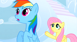 Size: 1099x598 | Tagged: safe, screencap, fluttershy, rainbow dash, g4, sonic rainboom (episode), pointing