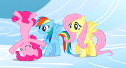 Size: 1099x597 | Tagged: safe, screencap, fluttershy, pinkie pie, rainbow dash, pony, g4, sonic rainboom (episode)