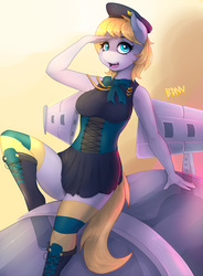 Size: 884x1200 | Tagged: safe, artist:drbdnv, oc, oc only, oc:rafale, original species, plane pony, anthro, unguligrade anthro, boots, clothes, corset, dress, plane, salute, socks, solo, thigh highs