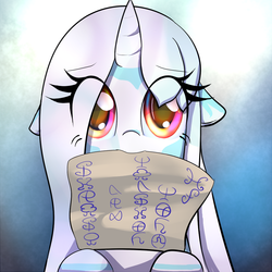 Size: 925x925 | Tagged: safe, artist:celerypony, oc, oc only, oc:celery, pony, unicorn, cute, female, filly, foreign language, language, mouth hold, scroll, solo