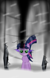 Size: 1600x2500 | Tagged: safe, artist:izeer, twilight sparkle, pony, g4, crystal, curved horn, dark crystal, dark magic, female, horn, magic, snow, snowfall, solo, sombra eyes