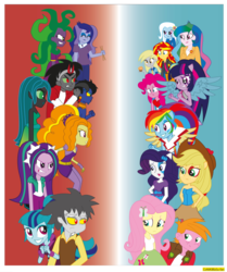 Size: 1024x1226 | Tagged: safe, artist:conikiblasu-fan, adagio dazzle, ahuizotl, applejack, aria blaze, big macintosh, derpy hooves, discord, fluttershy, king sombra, mane-iac, pinkie pie, princess celestia, princess luna, queen chrysalis, rainbow dash, rarity, sonata dusk, sunset shimmer, trixie, twilight sparkle, equestria girls, g4, antagonist, mane six, the dazzlings, the rainbooms, twilight sparkle (alicorn)