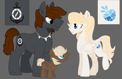 Size: 1355x871 | Tagged: safe, artist:dbkit, dumbbell, oc, oc:bulkhead, oc:snowberry, pegasus, pony, g4, colt, cutie mark, family, father, gray background, headcanon, male, mother, offspring, parent, previous generation, simple background, trio