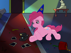 Size: 1396x1047 | Tagged: safe, artist:rainihorn, pinkie pie, g4, female, hat, party hat, sad, solo