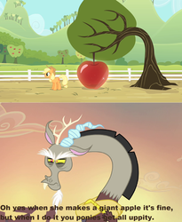 Size: 1280x1560 | Tagged: safe, screencap, applejack, discord, draconequus, earth pony, pony, bats!, g4, three's a crowd, apple, apple tree, bent over, dragon ball, dragonball z abridged, female, food, giant apple, image macro, male, mare, meme, tree