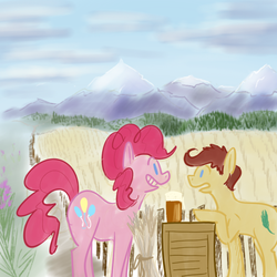 Size: 600x600 | Tagged: safe, artist:appleisdead, pinkie pie, oc, oc:golden promise, g4, barley, beer