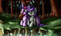 Size: 3636x2160 | Tagged: safe, artist:neko-me, twilight sparkle, oc, alicorn, pony, g4, canon x oc, cliff, female, forest, high res, hug, mare, twilight sparkle (alicorn), winghug