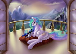 Size: 1280x905 | Tagged: safe, artist:theflankbank, nightmare moon, princess celestia, g4, balcony, butt, dock, female, looking at you, pillow, plot, plushie, smiling, solo, sunbutt