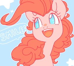 Size: 620x551 | Tagged: safe, artist:buljong, pinkie pie, g4, blue background, bust, cute, dialogue, diapinkes, female, happy, heart eyes, no pupils, open mouth, portrait, simple background, smiling, solo, speech bubble, stars, wingding eyes