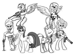 Size: 800x600 | Tagged: safe, artist:1nakir1, applejack, fluttershy, pinkie pie, rainbow dash, rarity, twilight sparkle, g4, gun, lever action rifle, mane six, minigun, monochrome, p90, revolver, skorpion, skorpion evo 3a1