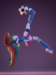 Size: 600x800 | Tagged: safe, artist:creatorofpony, rainbow dash, equestria girls, g4, 3d, 3d model, blender, boots, clothes, female, football, jumping, midair, rainbow socks, shirt, skirt, socks, solo, striped socks, wristband