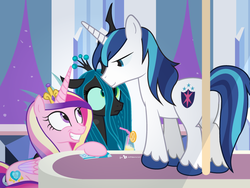 Size: 800x600 | Tagged: safe, artist:dm29, princess cadance, queen chrysalis, shining armor, alicorn, pony, unicorn, g4, episodes from the crystal empire, female, lesbian, looking at each other, male, mare, sexy armor, shining armor gets all the mares, ship:chrysarmordance, shipping, sluttyshining, smiling, stallion, straight, stripper, stripper pole, trio