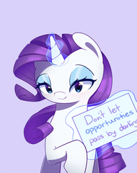 Size: 712x900 | Tagged: safe, artist:joyfulinsanity, rarity, pony, unicorn, g4, darling, female, looking at you, positive ponies, sign, solo