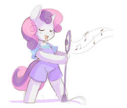 Size: 680x580 | Tagged: safe, artist:ende26, sweetie belle, pony, unicorn, semi-anthro, g4, arm hooves, cute, diasweetes, female, filly, foal, microphone, overalls, singing, solo