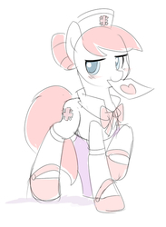 Size: 500x684 | Tagged: safe, artist:ende26, nurse redheart, pony, g4, blushing, clothes, female, mouth hold, raised hoof, shoes, solo