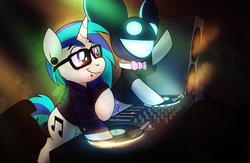 Size: 5175x3375 | Tagged: safe, artist:drawponies, dj pon-3, octavia melody, vinyl scratch, g4, deadmau5, female, lesbian, ship:scratchtavia, shipping, skrillex