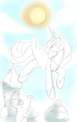 Size: 471x750 | Tagged: safe, artist:ende26, princess celestia, princess luna, g4, balcony, filly, monochrome, partial color, sketch, sun, woona