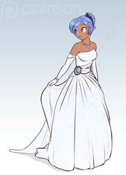 Size: 927x1280 | Tagged: safe, artist:scorpdk, princess luna, human, g4, alternate hairstyle, bare shoulders, beautiful, bracelet, bride, clothes, cute, dress, earring, evening gloves, female, hair bun, humanized, jewelry, lunabetes, moderate dark skin, necklace, open mouth, smiling, solo, wedding dress