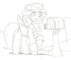 Size: 500x423 | Tagged: safe, artist:ende26, derpy hooves, pegasus, pony, g4, clothes, female, hat, mail, mailbox, mailmare, mailpony, mare, monochrome, raised hoof, solo