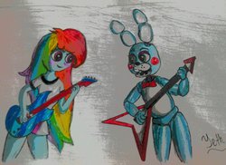 Size: 1024x747 | Tagged: safe, artist:yeth06, rainbow dash, equestria girls, g4, battlefield, five nights at freddy's 2, guitar, toy bonnie