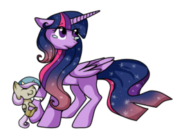 Size: 1600x1200 | Tagged: dead source, safe, artist:uunicornicc, twilight sparkle, oc, oc:maledic, hybrid, g4, baby, clinging, ethereal mane, interspecies offspring, missing cutie mark, offspring, parent:discord, parent:princess celestia, parents:dislestia, simple background, starry mane, transparent background, twilight sparkle (alicorn)