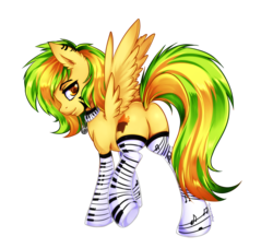 Size: 2200x2000 | Tagged: safe, artist:twigileia, oc, oc only, oc:wooden toaster, pegasus, pony, bedroom eyes, bell, butt, choker, clothes, cute, high res, keyboard, looking at you, looking back, music notes, musician, plot, ponysona, raised leg, simple background, socks, solo, spread wings, transparent background
