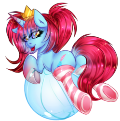 Size: 1389x1394 | Tagged: safe, artist:twigileia, oc, oc only, oc:empress lace, pony, :p, ball, beach ball, butt, clothes, crown, empress butt, female, mare, plot, socks, solo, striped socks, tongue out, underhoof