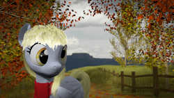 Size: 1920x1080 | Tagged: safe, artist:xender90, derpy hooves, pegasus, pony, g4, 3d, autumn, blender, clothes, female, fence, mare, rough, scarf