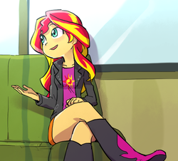Size: 552x500 | Tagged: dead source, safe, artist:baekgup, sunset shimmer, equestria girls, g4, my little pony equestria girls: rainbow rocks, blushing, boots, clothes, cute, female, jacket, legs, open mouth, shimmerbetes, shoes, sitting, solo, window