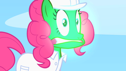 Size: 1280x720 | Tagged: safe, screencap, pinkie pie, earth pony, pony, g4, sonic rainboom (episode), faic, female, glowing, green, green face, hard hat, mare, solo, weather factory uniform, wide eyes