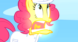 Size: 1920x1050 | Tagged: safe, screencap, pinkie pie, earth pony, pony, g4, sonic rainboom (episode), faic, female, glowing, hard hat, looking up, mare, open mouth, solo, weather factory uniform, yellow, yellow face