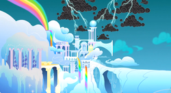 Size: 1099x597 | Tagged: safe, screencap, g4, sonic rainboom (episode), background, bridge, cloud, cloud city, cloudsdale, lightning, no pony, rainbow, rainbow waterfall, scattered thunderstorms, stormcloud, weather factory