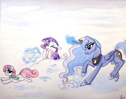 Size: 1407x1105 | Tagged: safe, artist:prettypinkpony, princess luna, rarity, sweetie belle, alicorn, pony, unicorn, g4, clothes, long eyelashes, magic, scarf, snow, snowball, snowball fight, traditional art, trio, watercolor painting, winter