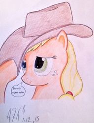 Size: 1558x2044 | Tagged: safe, artist:a7xcaramel, applejack, g4, female, solo, speech bubble, traditional art