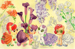 Size: 5041x3282 | Tagged: safe, artist:kelseyleah, apple bloom, babs seed, scootaloo, sweetie belle, g4, alternate hairstyle, clothes, cutie mark crusaders, dress, flower, traditional art