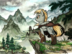 Size: 1800x1350 | Tagged: safe, artist:dracontiar, derpy hooves, pegasus, pony, g4, cloak, clothes, crossover, epic derpy, female, mare, mountain, scenery, scenery porn, skyrim, solo, the elder scrolls, traditional art, windswept mane