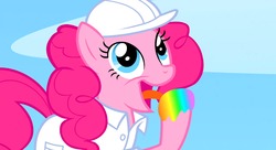 Size: 1099x597 | Tagged: safe, screencap, pinkie pie, earth pony, pony, g4, sonic rainboom (episode), ahegao, female, hard hat, hoof licking, licking, liquid rainbow, mare, open mouth, rainbow, solo, tongue out, weather factory uniform
