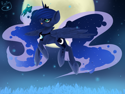 Size: 1024x768 | Tagged: safe, artist:nika-rain, princess luna, butterfly, firefly (insect), g4, female, flying, moon, smiling, solo