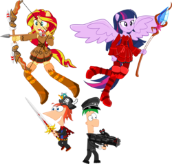 Size: 11675x11101 | Tagged: safe, artist:birdalliance, sunset shimmer, twilight sparkle, equestria girls, g4, my little pony equestria girls: rainbow rocks, absurd resolution, arrow, bow (weapon), bow and arrow, crossover, epic battle fantasy, ferb, ferb fletcher, gun, humanized, male, phineas, phineas and ferb, phineas flynn, ponied up, pony ears, simple background, staff, sword, transparent background, twilight sparkle (alicorn), winged humanization