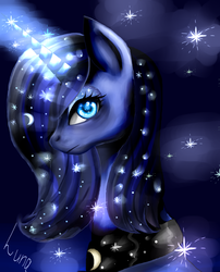 Size: 2975x3681 | Tagged: safe, artist:dashameleshkina666, princess luna, g4, female, frown, glowing horn, high res, horn, looking at you, magic, portrait, solo, sparkles