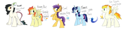 Size: 3100x771 | Tagged: safe, artist:yaco, princess celestia, trixie, oc, oc only, hybrid, g4, female, interspecies offspring, magical lesbian spawn, male, offspring, parent:applejack, parent:discord, parent:fluttershy, parent:princess celestia, parent:rainbow dash, parent:rarity, parent:trixie, parent:twilight sparkle, parents:dislestia, parents:flutterdash, parents:rarijack, parents:soarinfire, parents:twixie