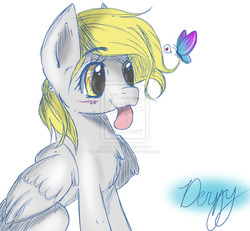 Size: 1024x947 | Tagged: dead source, safe, artist:momosparkle, derpy hooves, butterfly, pegasus, pony, g4, blushing, deviantart watermark, female, mare, obtrusive watermark, solo, tongue out, watermark