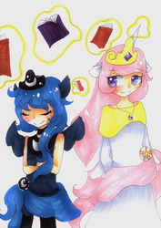 Size: 3464x4896 | Tagged: safe, artist:mizuki-yorudan, princess celestia, princess luna, human, g4, book, eared humanization, horn, horned humanization, humanized, winged humanization