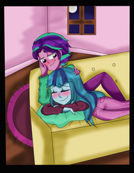 Size: 1700x2200 | Tagged: safe, artist:rainicornmagic, aria blaze, sonata dusk, equestria girls, g4, blushing, couch, female, half r63 shipping, loose hair, male, moon, night, ouverdusk, ouvertis grandioso, rule 63, ship:arisona, shipping, sleeping, straight